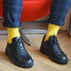 chaussettes-montantes-mi-bas-unies-jaune-colza-en-pur-fil-d'écosse-remaillées-à-la-main-pour-hommes