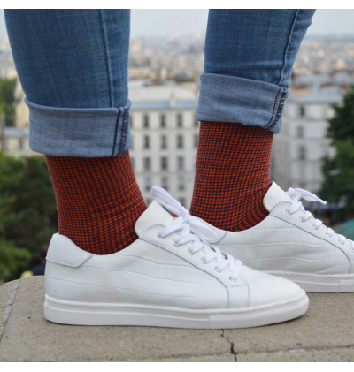 chaussettes-fantaisie-hommes-femmes-en-coton-orange-à-motif-pied-de-poule-bleu-bleu-marine-remaillées-à-la-main