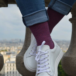 Chaussettes fantaisie pied de poule remailléess à la main en coton peignées