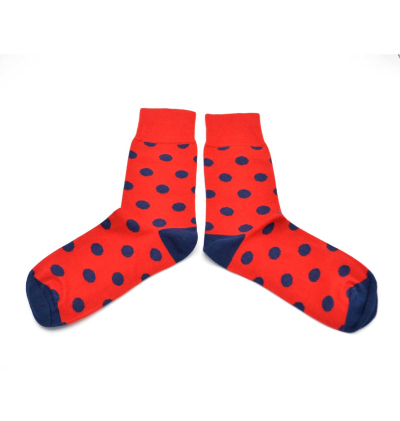 chaussettes-fantaisie-hommes-femmes-en-coton-rouges-à-motif-gros-pois-bleu-marine-remaillées-à-la-main