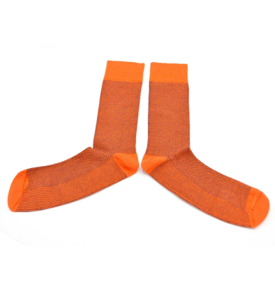 chaussettes-fantaisie-hommes-femmes-en-coton-oranges-à-motifs-chevrons-bleu-marine-remaillées-à-la-main