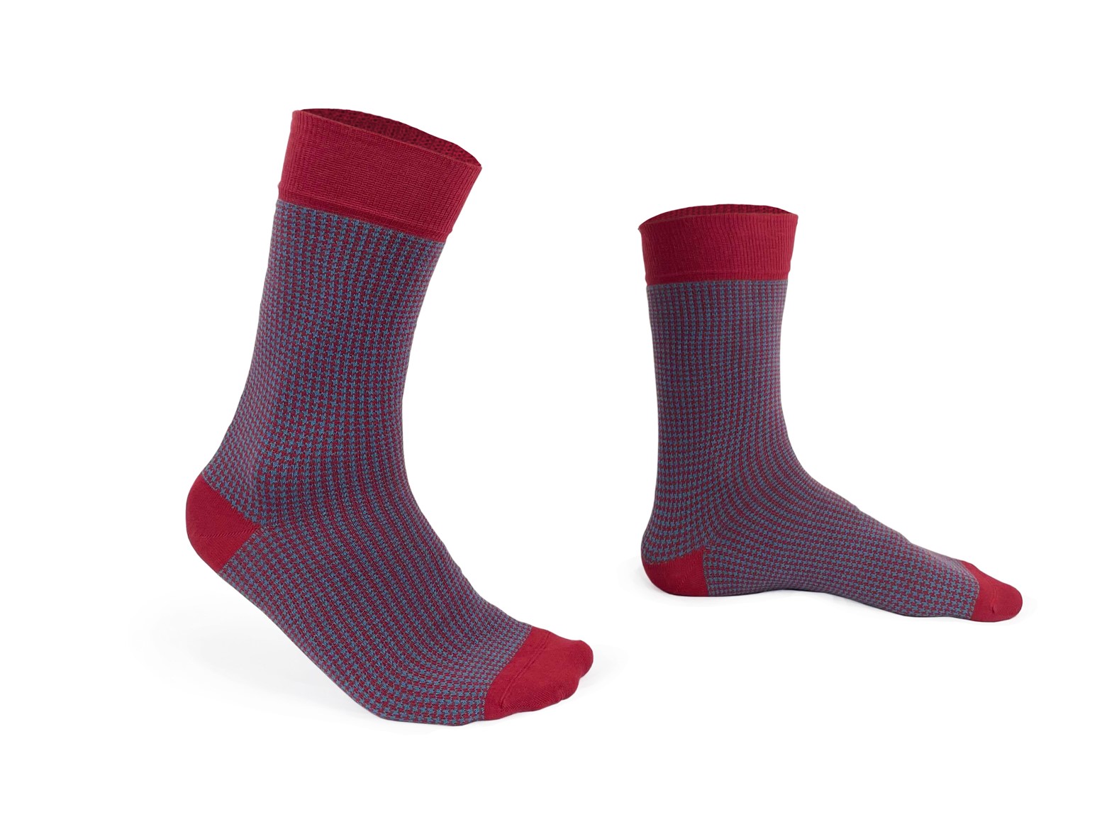 chaussettes-fantaisie-hommes-femmes-en-coton-rouges-&agrave;-motif-pied-de-poule-bleu-ciel-remaill&eacute;es-&agrave;-la-main