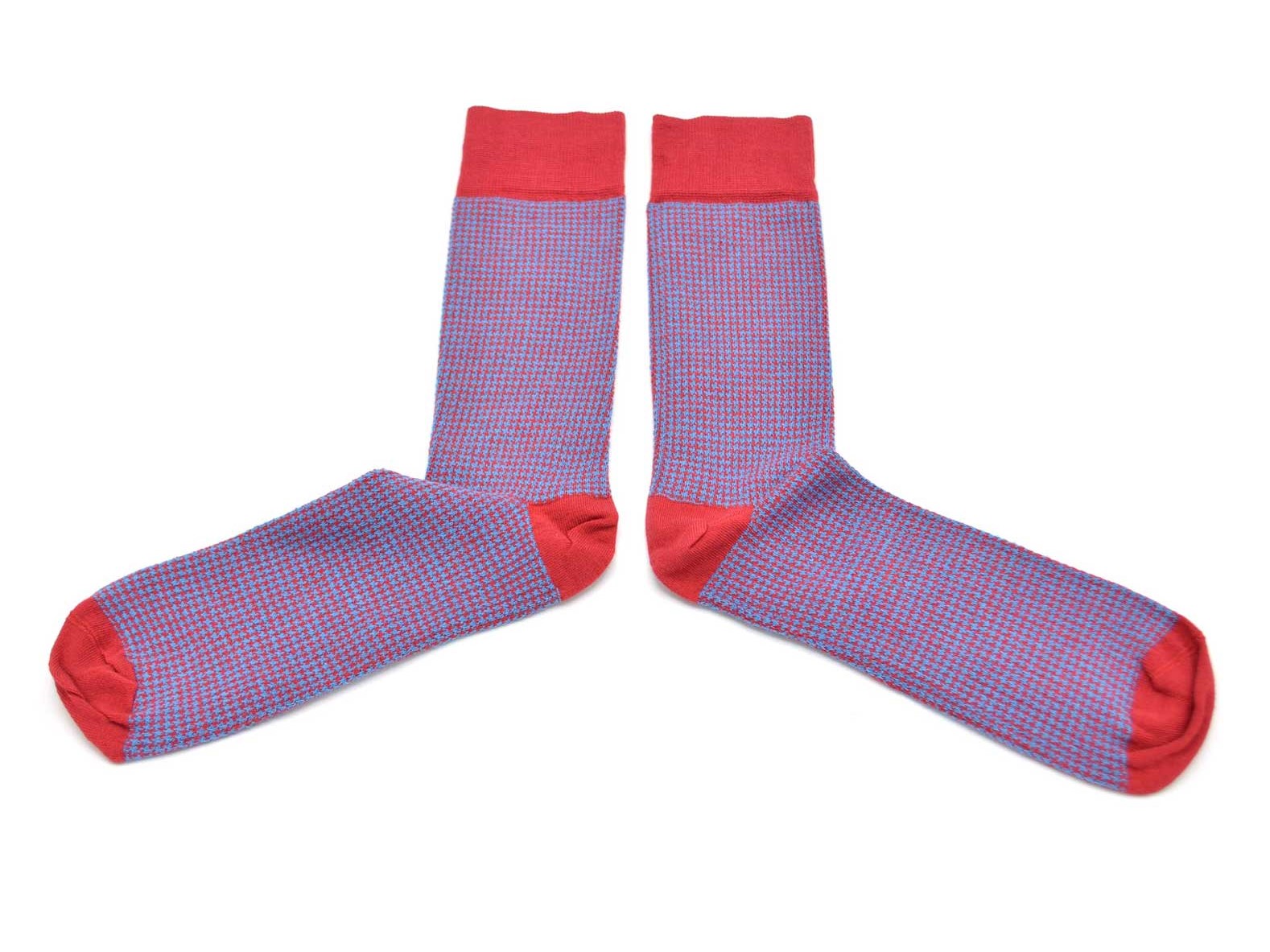 chaussettes-fantaisie-hommes-femmes-en-coton-rouges-&agrave;-motif-pied-de-poule-bleu-ciel-remaill&eacute;es-&agrave;-la-main